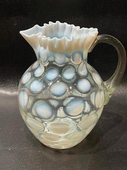 (14N) OPALESCENT GLASS COIN DOT PITCHER WITH FLUTED RIM, AND ETCHED GRAPE DRINK PITCHER. 8 INCH