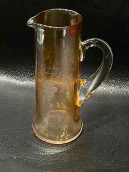 (14N) OPALESCENT GLASS COIN DOT PITCHER WITH FLUTED RIM, AND ETCHED GRAPE DRINK PITCHER. 8 INCH