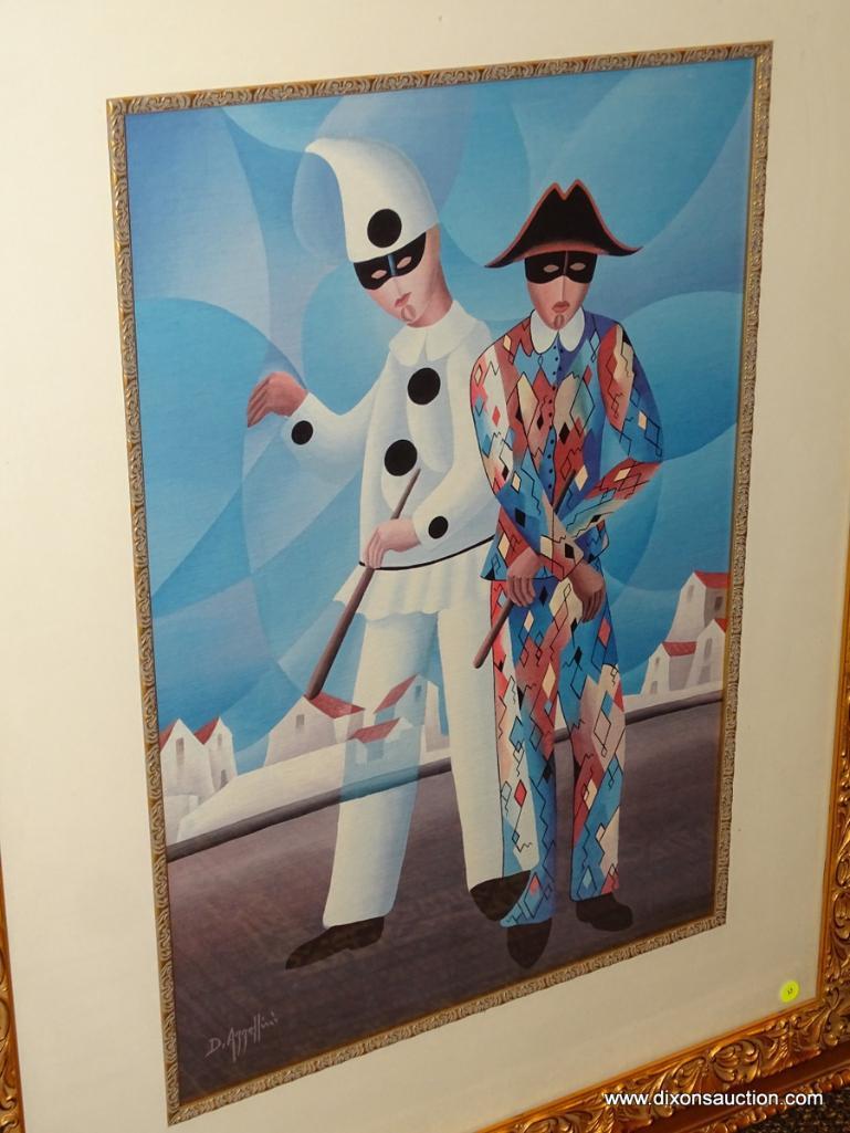 (WIN) FRAMED ARTWORK "MASQUERADE II" BY D. AZZELLINI. MEASURES 36 IN X 44 IN. ITEM IS SOLD AS IS