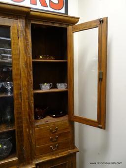 (R1) ANTIQUE 2 PIECE BRAZILIAN WOOD CHINA CABINET WITH WOODEN SHELVES AND BRASS PULLS. HAS KEY.