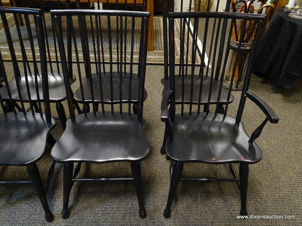 (R1) SET OF 8 PLANK BOTTOM DINING CHAIRS. 2 ARE ARMS AND 6 ARE SIDES. MEASURE APPROXIMATELY 23 IN X