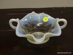 (R1) DUGAN GLASS DOUBLE HANDLED DISH. MEASURES 8" IN DIA. ITEM IS SOLD AS IS WHERE IS WITH NO