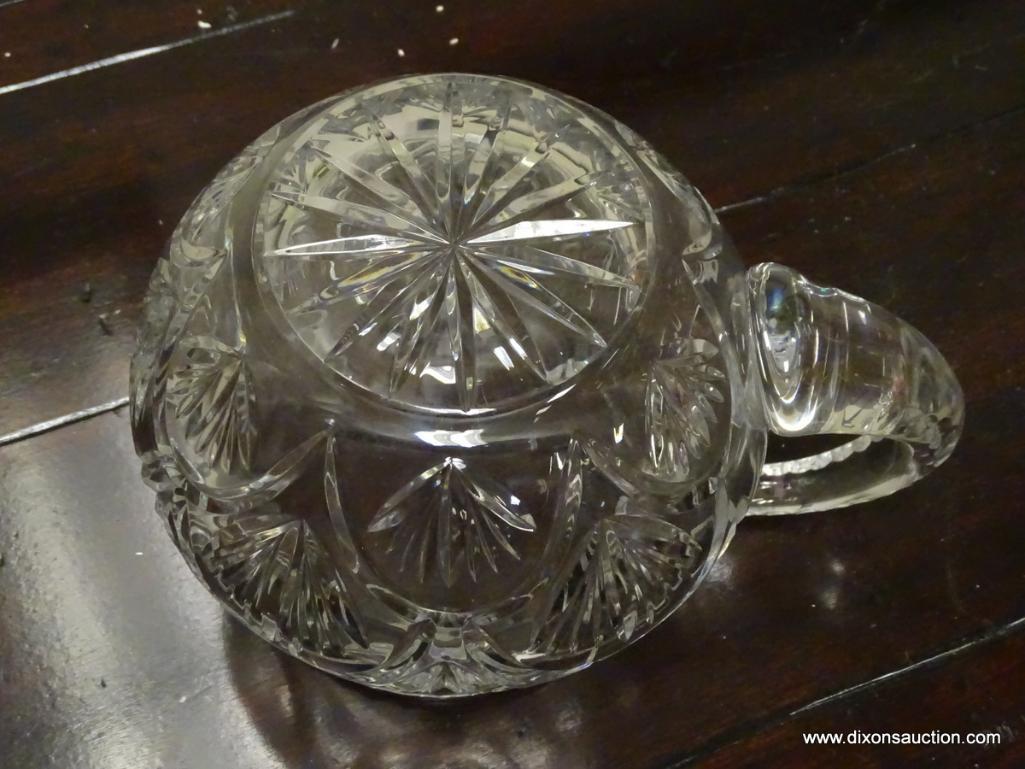 (R1) PRESSED GLASS WATER PITCHER WITH FAN STYLE PATTERN. ITEM IS SOLD AS IS WHERE IS WITH NO