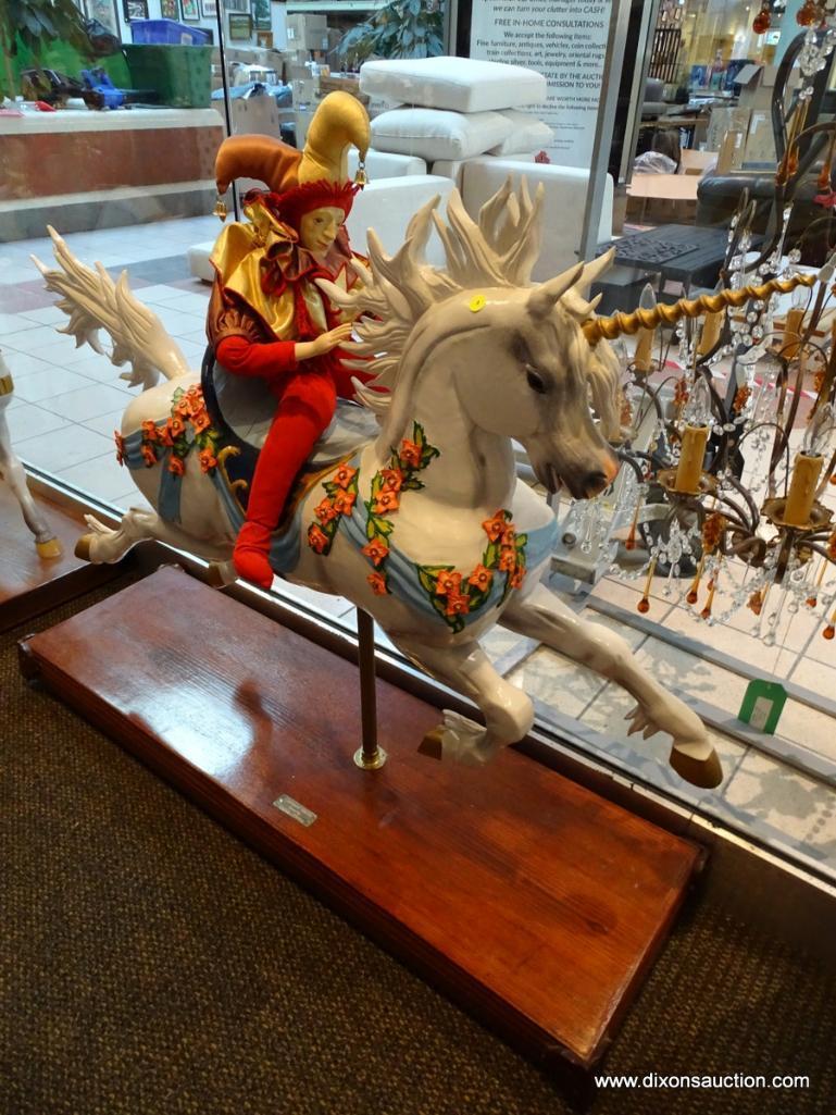 (WIN) CAROUSEL UNICORN CREATED BY SHAUN O'BRIEN ON OAK STAND. MEASURES APPROXIMATELY 52 IN X 16 IN X