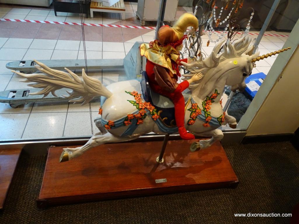 (WIN) CAROUSEL UNICORN CREATED BY SHAUN O'BRIEN ON OAK STAND. MEASURES APPROXIMATELY 52 IN X 16 IN X