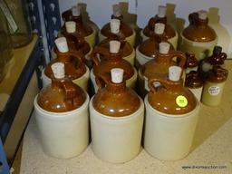 (R2) LOT OF BROWN AND SALT GLAZED JUGS AND MINIATURE BROWN AND SALT GLAZED BOTTLES. MOST HAVE CORK