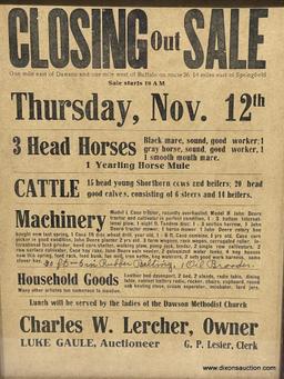 (1A) CLOSING OUT SALE BILL, LUKE GAULE, AUCTIONEER. LUNCH SERVED BY THE LADIES OF THE DAWSON