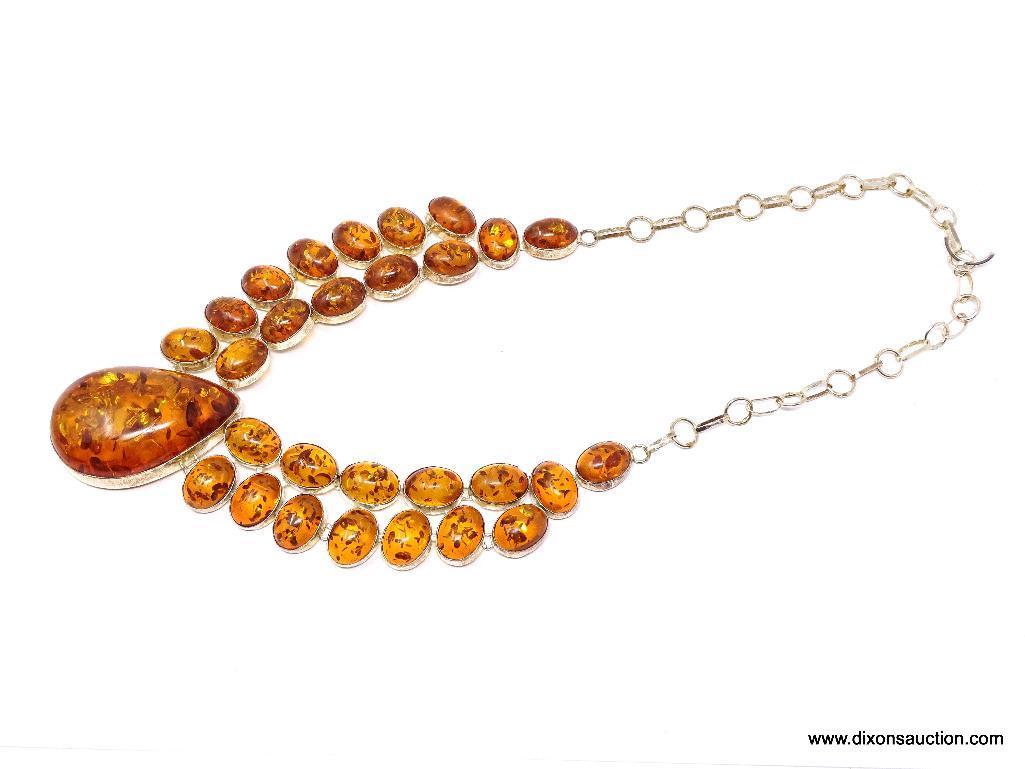 24" GORGEOUS LARGE RED CARPET AMBER MADE IN EUROPE MAN MADE AMBER NECKLACE; .925 RHODIUM; TOGGLE