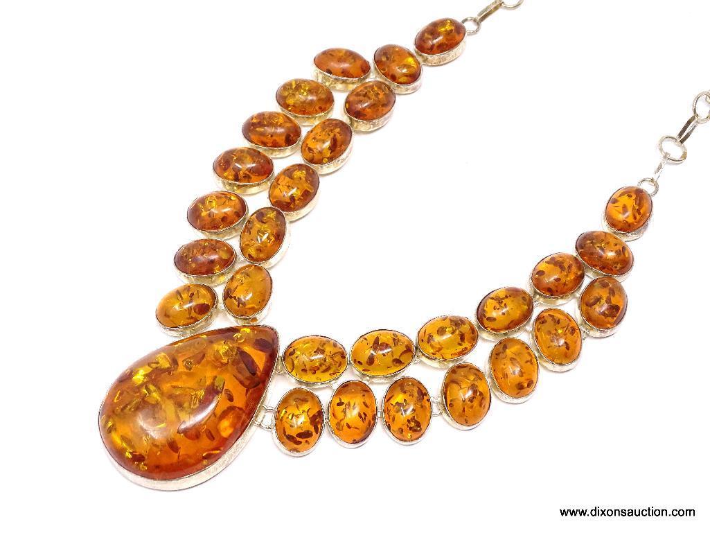 24" GORGEOUS LARGE RED CARPET AMBER MADE IN EUROPE MAN MADE AMBER NECKLACE; .925 RHODIUM; TOGGLE