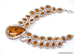 24" GORGEOUS LARGE RED CARPET AMBER MADE IN EUROPE MAN MADE AMBER NECKLACE; .925 RHODIUM; TOGGLE
