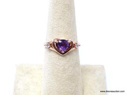 .925 AAA TOP QUALITY 1 CARAT HEART SHAPED AMETHYST WITH TWO PIECES SIDE WHITE SAPPHIRES WITH ROSE