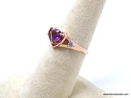 .925 AAA TOP QUALITY 1 CARAT HEART SHAPED AMETHYST WITH TWO PIECES SIDE WHITE SAPPHIRES WITH ROSE