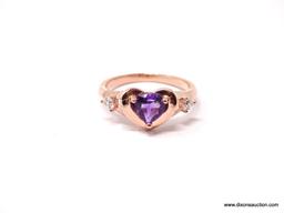 .925 AAA TOP QUALITY 1 CARAT HEART SHAPED AMETHYST WITH TWO PIECES SIDE WHITE SAPPHIRES WITH ROSE