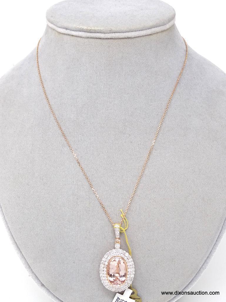 14K ROSE GOLD MORGANITE & DIAMOND PENDANT WITH CHAIN.