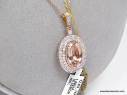 14K ROSE GOLD MORGANITE & DIAMOND PENDANT WITH CHAIN.