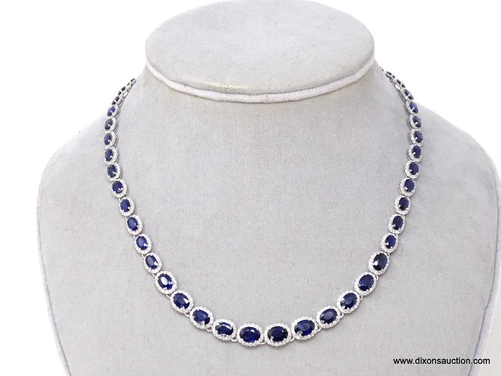 14K WHITE GOLD LADIES SAPPHIRE AND DIAMOND NECKLACE.