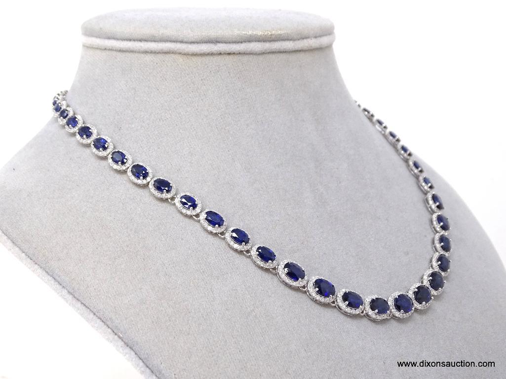 14K WHITE GOLD LADIES SAPPHIRE AND DIAMOND NECKLACE.