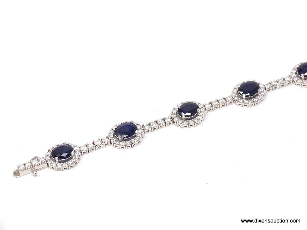 14K WHITE GOLD LADIES CUSTOM MADE DIAMOND & BLUE SAPPHIRE BRACELET.