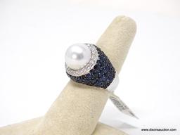 18K WHITE GOLD PEARL, SAPPHIRE & DIAMOND RING.