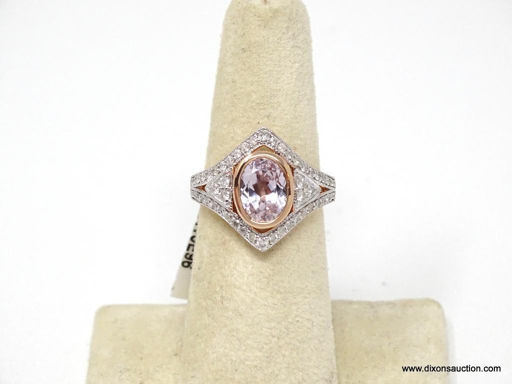 14K ROSE GOLD MORGANITE & DIAMOND RING.