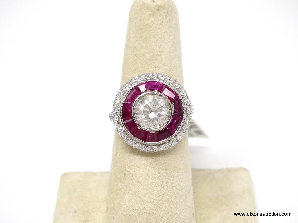 18K WHITE GOLD VINTAGE STYLE DIAMOND & RUBY RING.