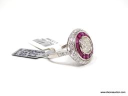 18K WHITE GOLD VINTAGE STYLE DIAMOND & RUBY RING.