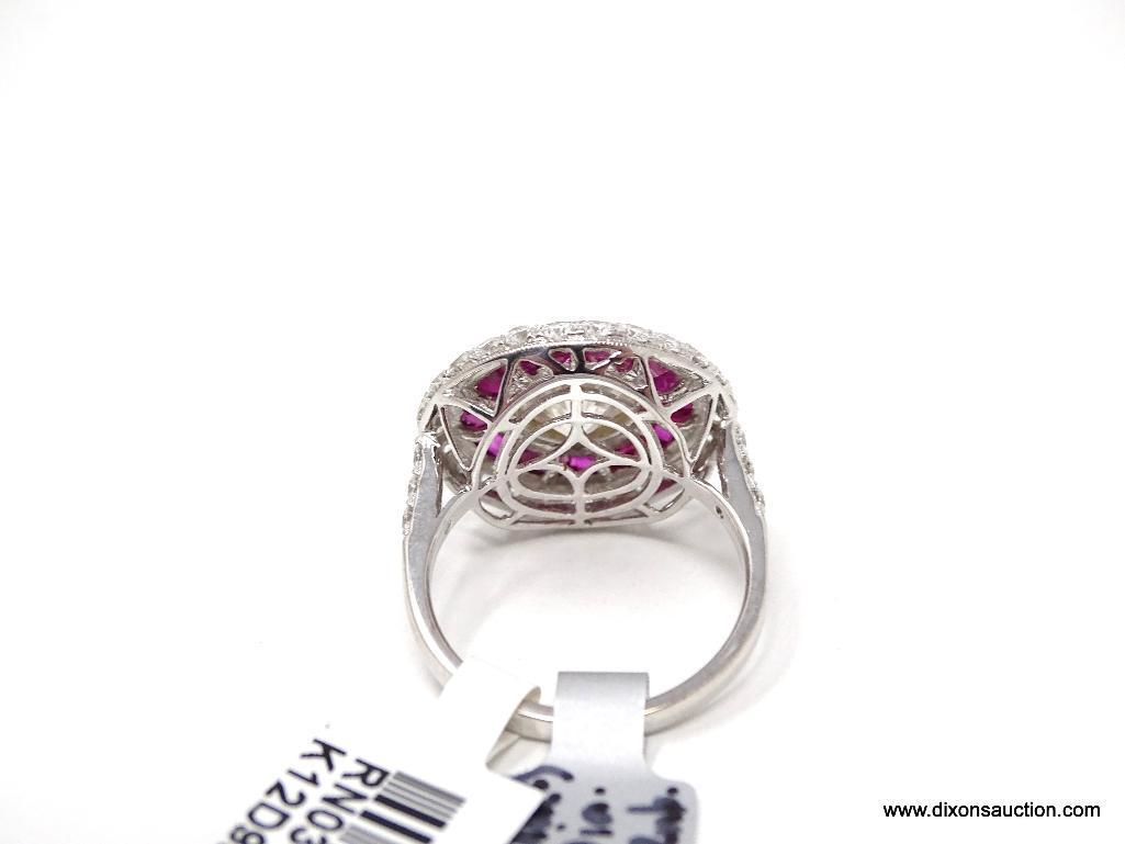 18K WHITE GOLD VINTAGE STYLE DIAMOND & RUBY RING.