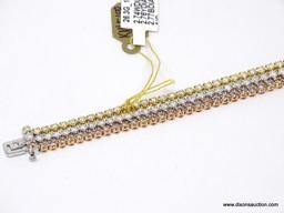 18K YELLOW, ROSE & WHITE GOLD LADIES CAST & ASSEMBLED THREE ROW DIAMOND BRACELET.