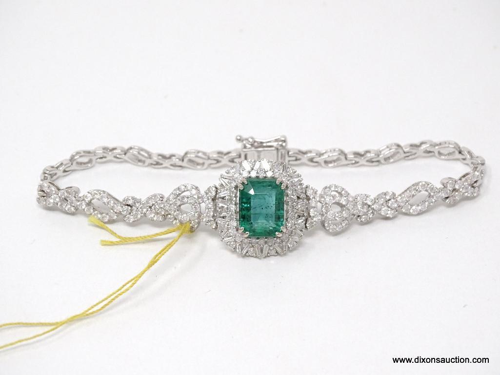 18K WHITE GOLD LADIES CAST & ASSEMBLED EMERALD & DIAMOND BRACELET.