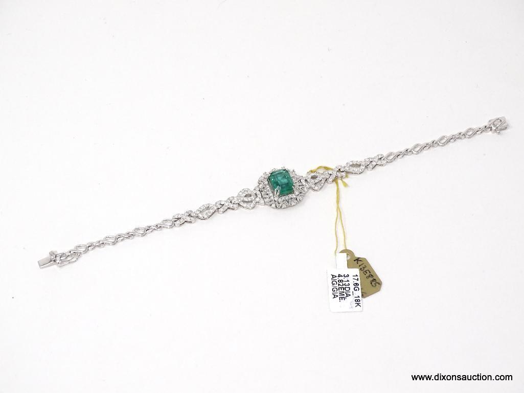 18K WHITE GOLD LADIES CAST & ASSEMBLED EMERALD & DIAMOND BRACELET.