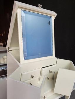 WHITE JEWELRY BOX. BOX HAS SEVERAL DRAWERS AND CUBBIES. CAN FIT A LOT OF JEWELRY. IS SOLD AS IS