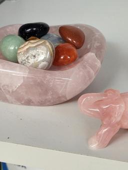 GREY STONE "DREAM" PAPERWEIGHT, PINK ROSE QUARTZ ELEPHANT AND PINK ROSE STONE DISH WITH JADEITE AND