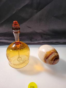 AMBER GLASS BELL AND MARBLE EGG LOT