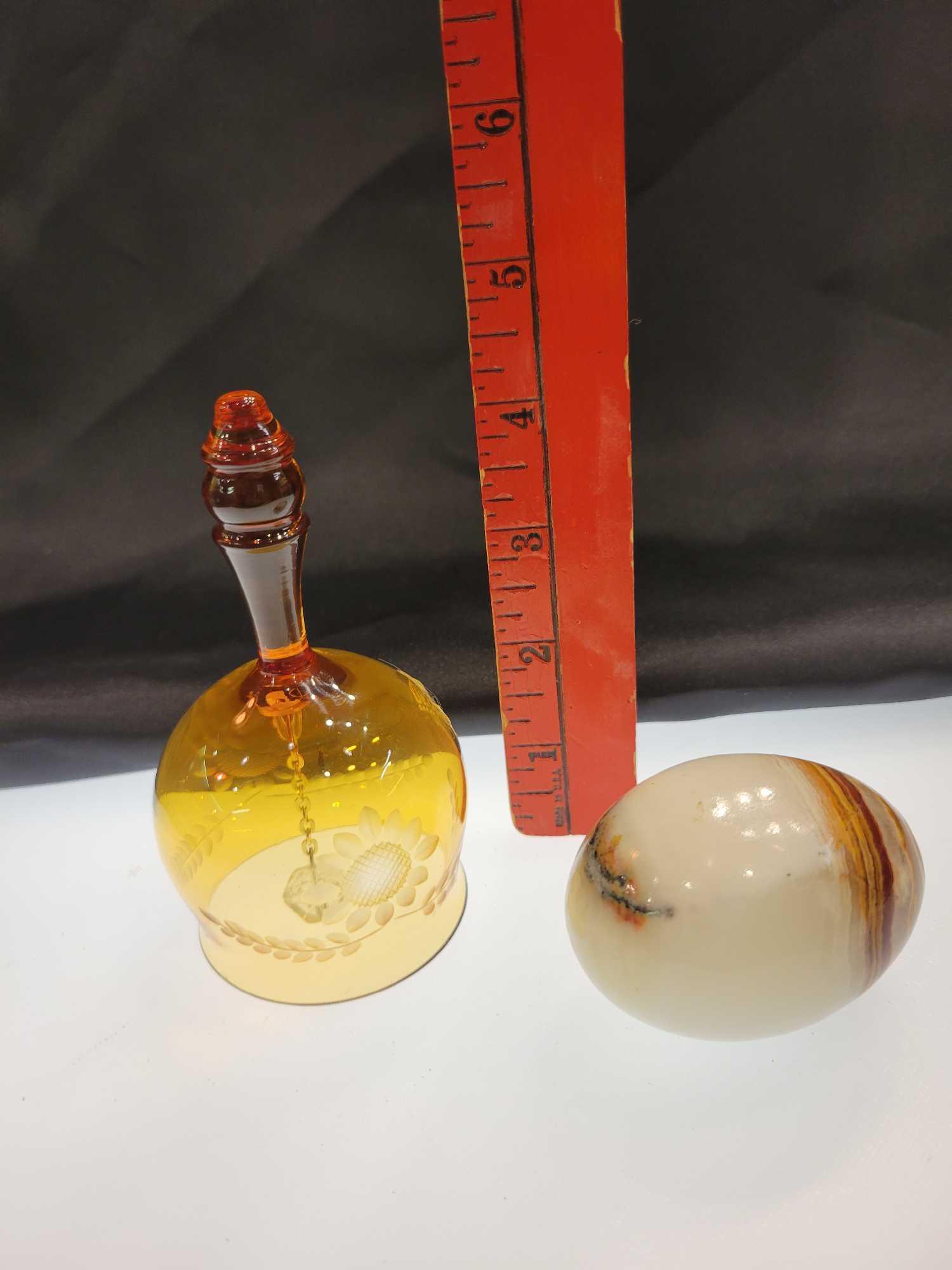 AMBER GLASS BELL AND MARBLE EGG LOT