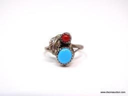 NATIVE AMERICAN STERLING SILVER TURQUOISE & RED CORAL RING WITH FEATHER DETAILING. THE TURQUOISE