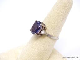 .925 STERLING SILVER RING WITH PRONG SET SYNTHETIC OVAL CUT COLOR CHANGE ALEXANDRITE & A ROUND CUT