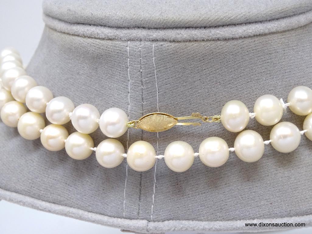 LADIES STRAND OF CULTURED PEARLS WITH 14K YELLOW GOLD HOOK CLASP. THE PEARLS ARE APPROX. 8-1/2MM,