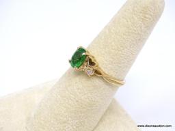 14K YELLOW GOLD & .925 STERLING SILVER TSAVORITE GARNET & DIAMOND HEART RING. CENTER OVAL CUT 1.18