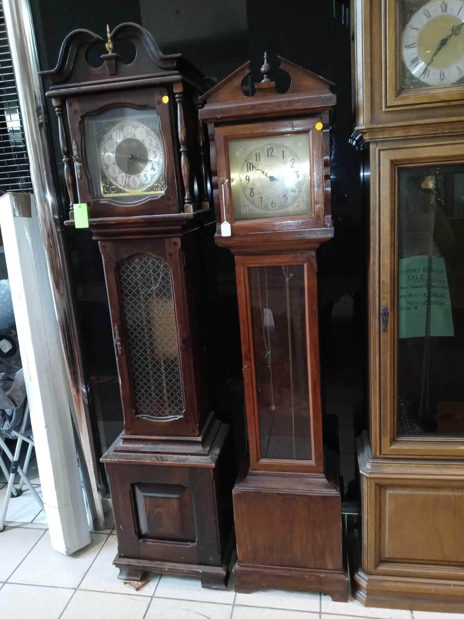 GERMAN GRANDMOTHER CLOCK, NEEDS MINOR WORK, MEASUREMENTS ARE APPROXIMATELY 14 1/2 IN X 10 IN X 70