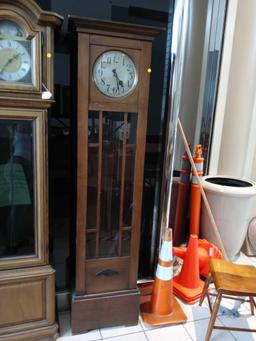 WOODEN GRANDFATHER CLOCK, UNKNOWN MAKE, MEASUREMENTS ARE APPROXIMATELY 17 IN X 10 IN X 79 IN.