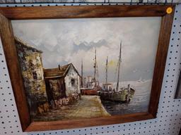 WOODEN FRAMED CANVAS PAINTING OF NETTING BOATS, FISHING HOUSE, PAINTING HAS A C.O.A. MEASUREMENTS