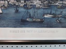 FRAMED PRINT OF A BIRDS EYES VIEW OF ALEXANDRIA, V.A., MEASUREMENTS ARE APPROXIMATELY 33 IN X 23 IN.