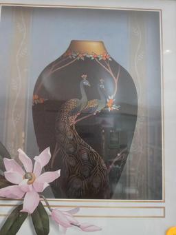 WOODEN FRAMED PRINT OF A VASE WITH TWO PEACOCKS ON A CHERRY BLOSSOM BRANCH, MEASUREMENTS ARE