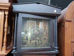 ANTIQUE OAK GRANDFATHER CLOCK, MEASUREMENTS ARE APPROXIMATELY 16 1/2 IN X 9 IN X 74 IN.