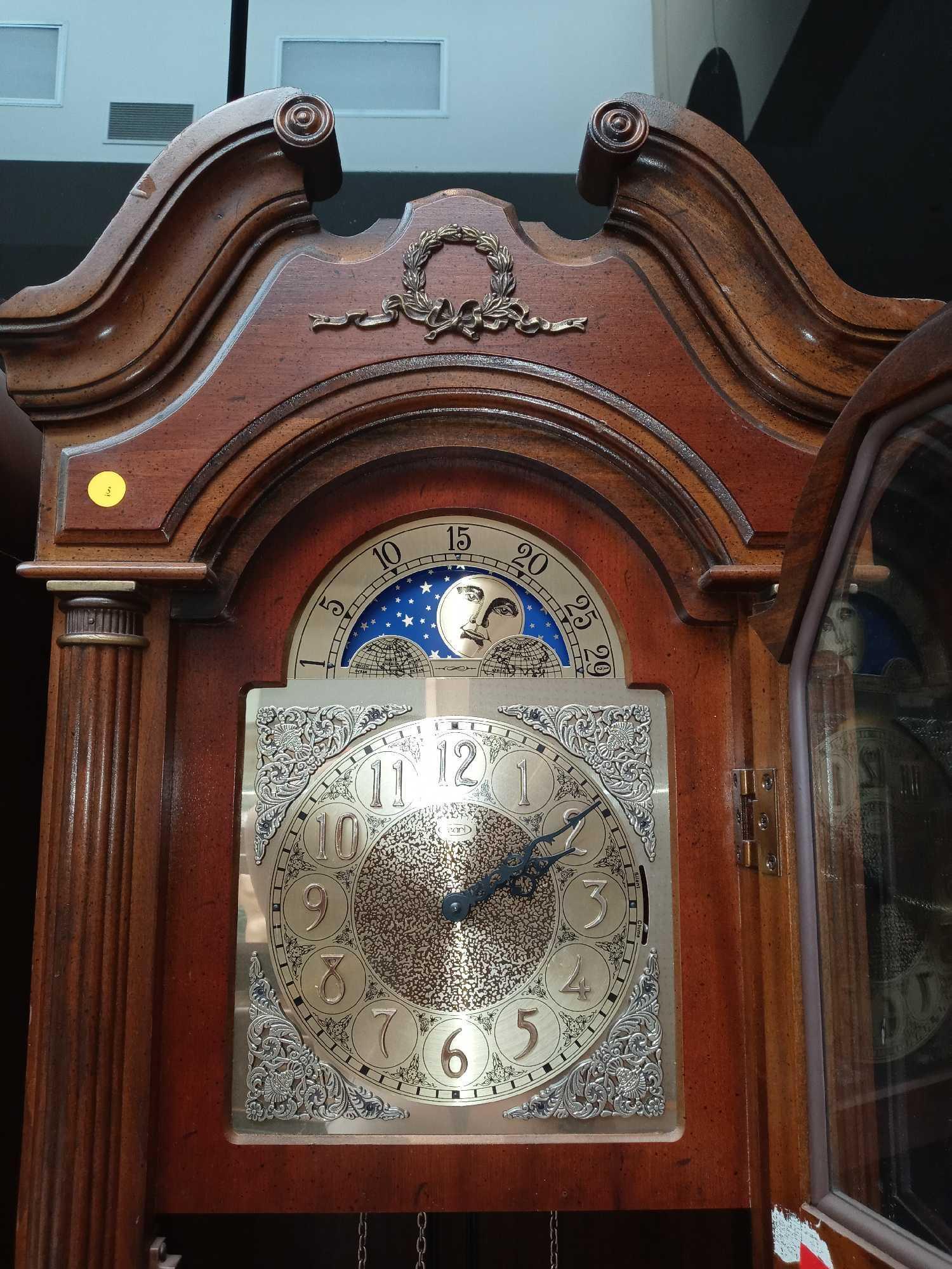 PEARL GRANDFATHER CLOCK WITH 3 WEIGHTS AND PEND. MEASUREMENTS ARE APPROXIMATELY 17 IN X 10 IN X 78