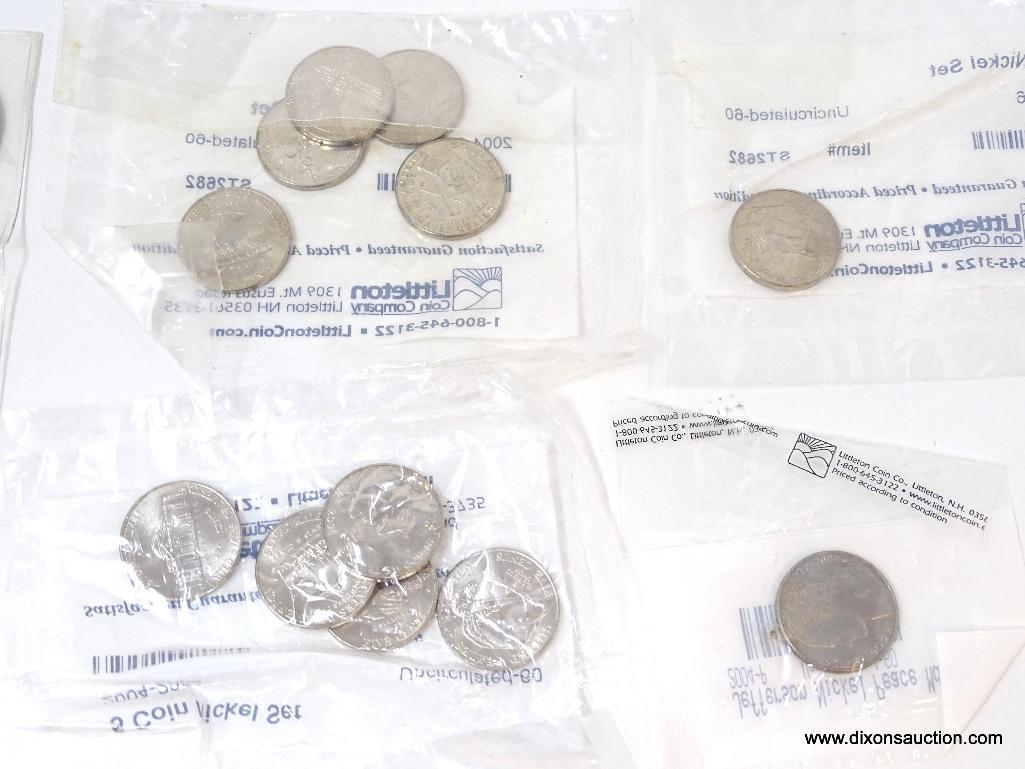 BAG OF MISC. COINS JEFFERSON NICKELS, STATE QUARTERS, BOOK WITH 3 NICKELS