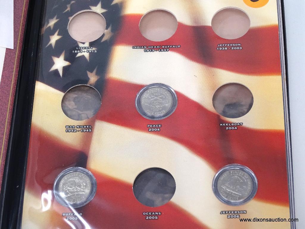 BAG OF MISC. COINS JEFFERSON NICKELS, STATE QUARTERS, BOOK WITH 3 NICKELS