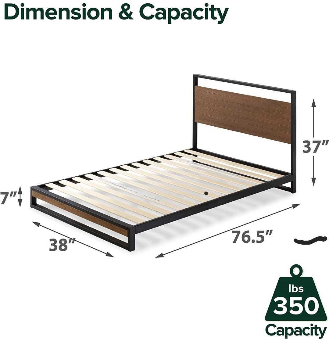 ZINUS SUZANNE 37 INCH BAMBOO AND METAL PLATFORM BED FRAME / SOLID STEEL CONSTRUCTION / NO BOX SPRING