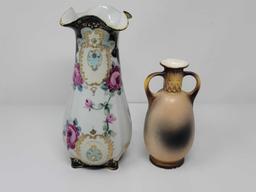 LOT OF 2 HAND PAINTED VASE ONE SIGNED; MEASURES 10 INCHES TALL AND OTHER MEASURES 7 INCHES TALL