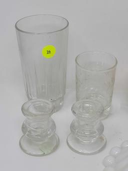 LOT OF MISCELLANEOUS GLASSWARE - INCLUDES 5 INCH WATER GLASS A PAIR OF MILK GLASS CANDLE HOLDER A